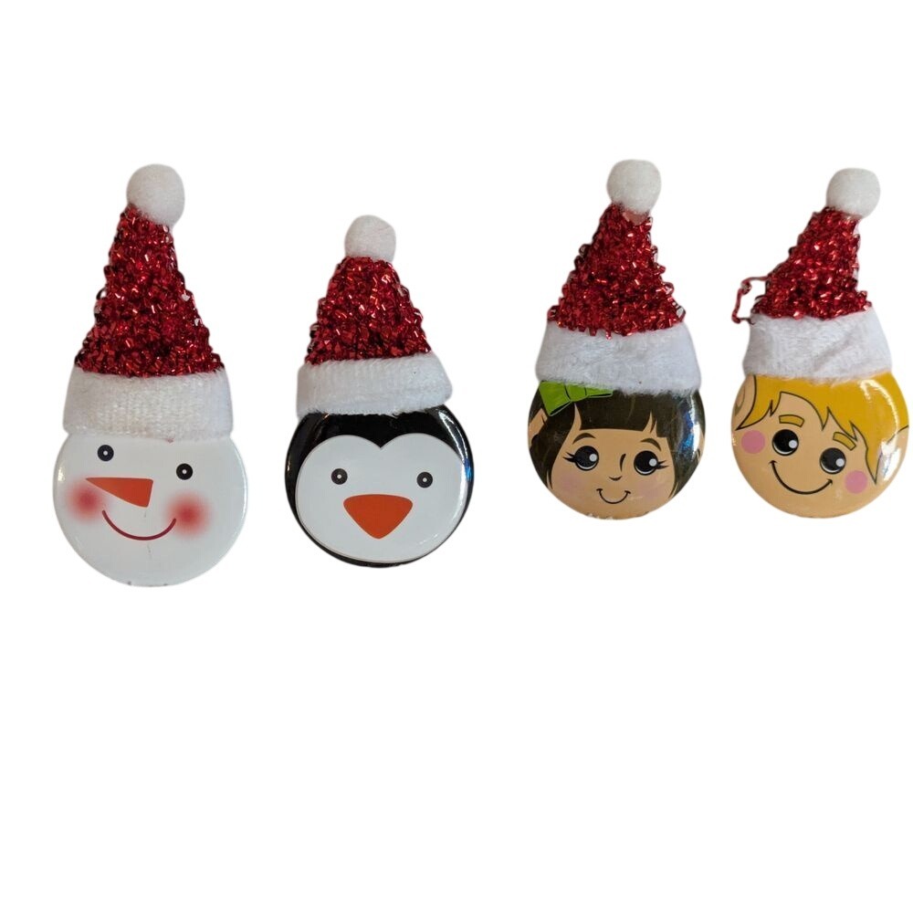Vtg 4 Christmas Holiday Pins Buttons Snowman Penguin Elf Characters Red Glitter